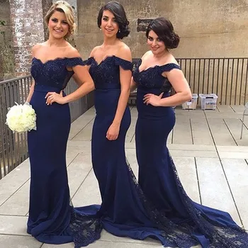 

Elegant Bridesmaid Dresses Off the Shoulder LaceNavy Blue Beaded Wedding Party Dresses vestido de festa de casamento