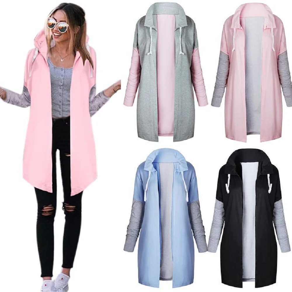 

Autumn Women Overcoat 2019 Fashion Patchwork Open Stitch Long Coat Casual Turn Down Collar Drawstring Female Outwear Plus Size