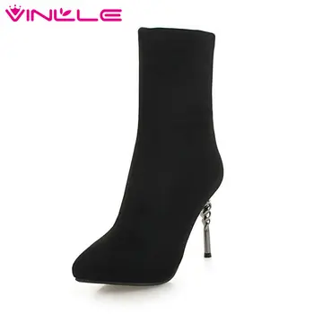 

VINLLE 2020 Women Shoes Ankle Boots Thin High Heel Flock+PU Pointed Toe Black Zipper Ladies Motorcycle Shoes Size 34-43