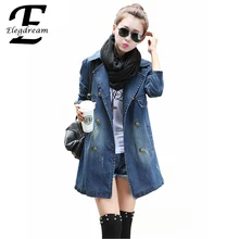 Elegdream 2016 Women New Autumn Fashion Long Sleeve Double Breasted Pockets Jacket Denim Coats Female Overcoat Ladies Blazer Top