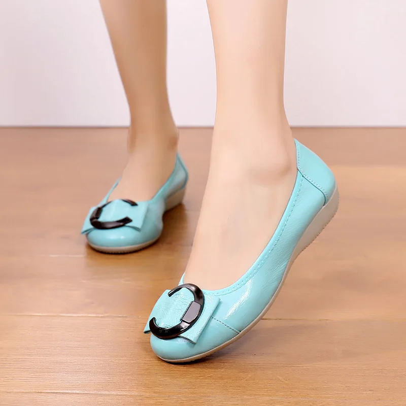 

Spring Summer Ballet Flats Shoes Women Genuine Leather Shallow Round Toe Plus Size Leather Slip On Shoes For Women 2019