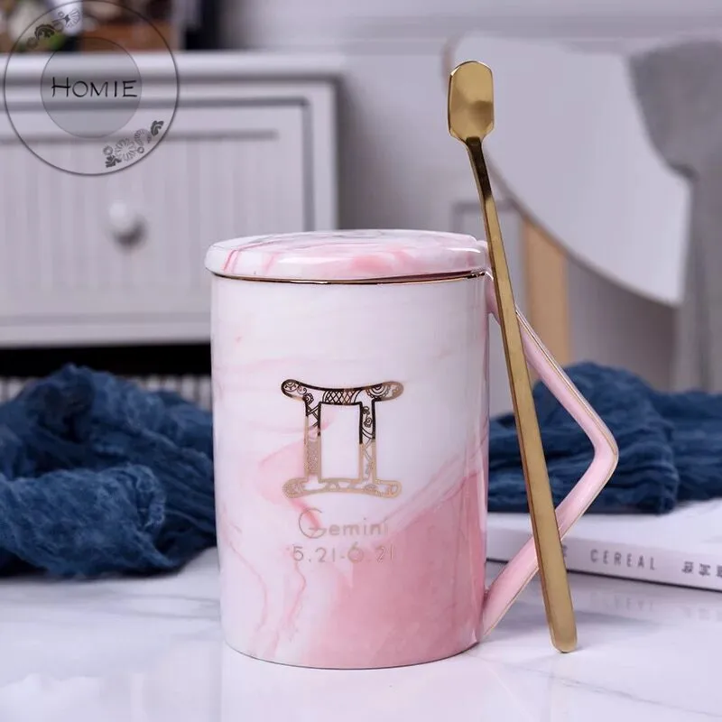 HOMIE Luxury 12 constellation marble cup With lid and spoon Ceramic Coffee Mug 450ml Animal Mugs creative Drinkware Tea milk Cup Newlywed couple gift22