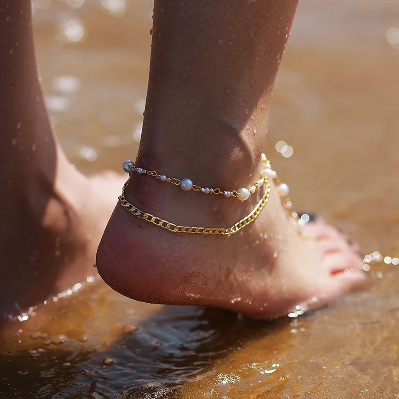 Летний золотой двухслойный браслет на ногу с искусственным жемчугом и бусинами, ювелирное изделие для женщин, цепочка для пляжа, свадьбы, браслет на ногу, ювелирное изделие