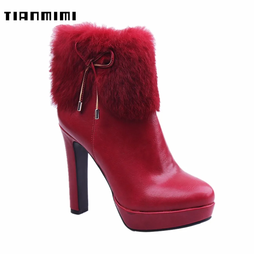 TIANMIMI High Heel Boots PU Red Fashion Winter Boot Bowknot Women Woman Botas Ankle Boots For Women Sexy Shoes J403-A1334 Women's Shoes