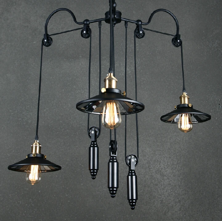 

Loft American Creative Retro Industrial Pendant Light Triple Lift Bar Attached Mirror Lampshade Pulley Lift Pendant Lamp