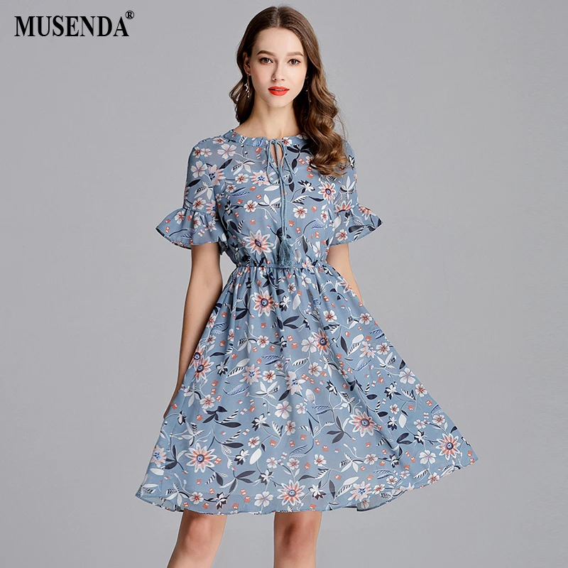 

MUSENDA Plus Size Women Blue Chiffon Print Tunic Elastic Waist Short Dress New 2018 Summer Sundress Ladies Sweet Beach Dresses