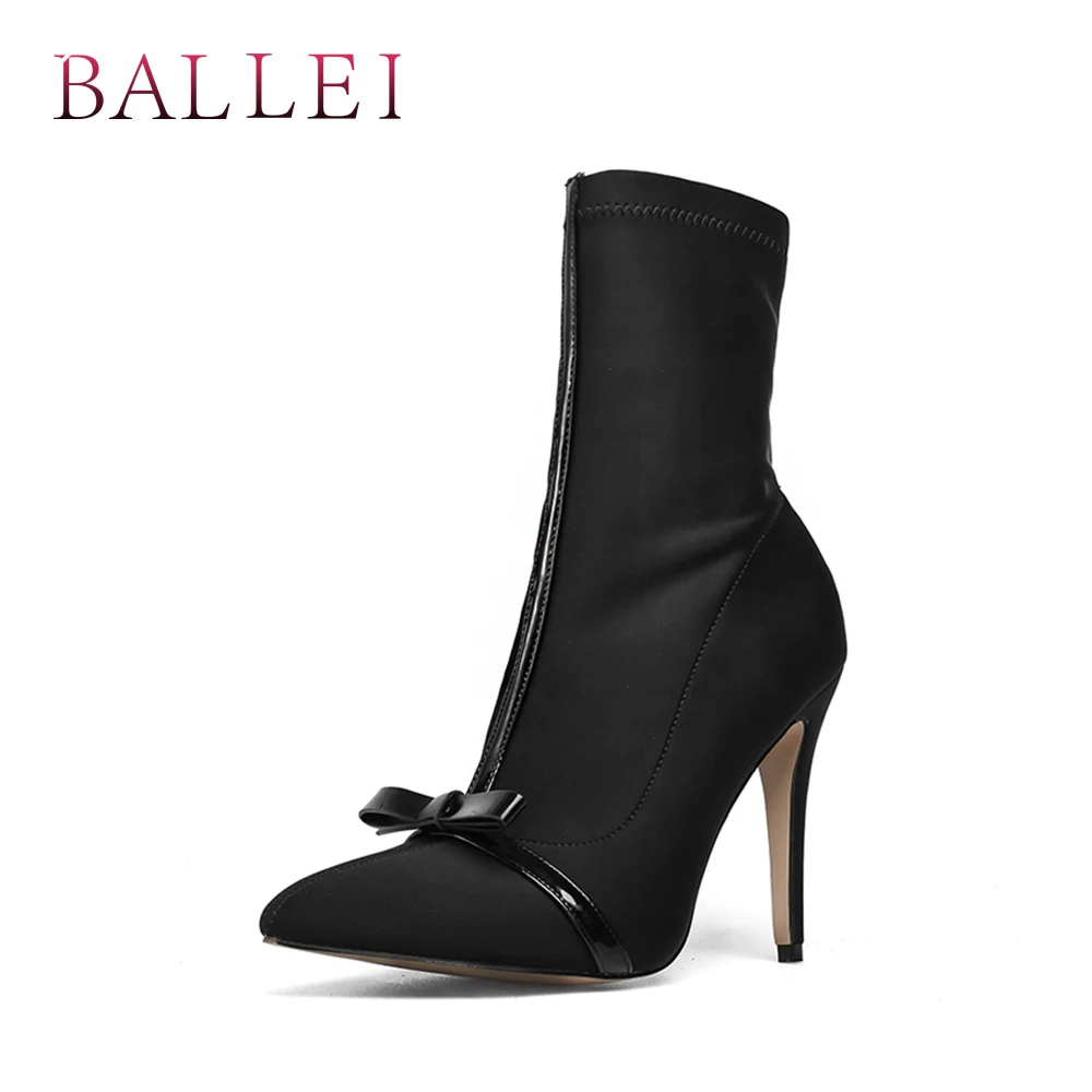 

BALLEI Fashion Woman Winter Ankle Boots Quality Stretch Fabric Sexy Thin Heel Pointed Toe Shoes Solid Retro Elegant Boots B127