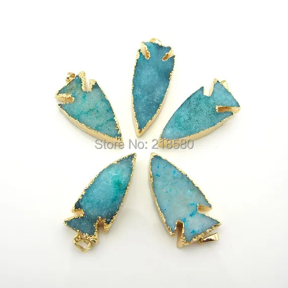 P6100978 светло-голубой Druzy Друза Arrowhead кулон с золотой