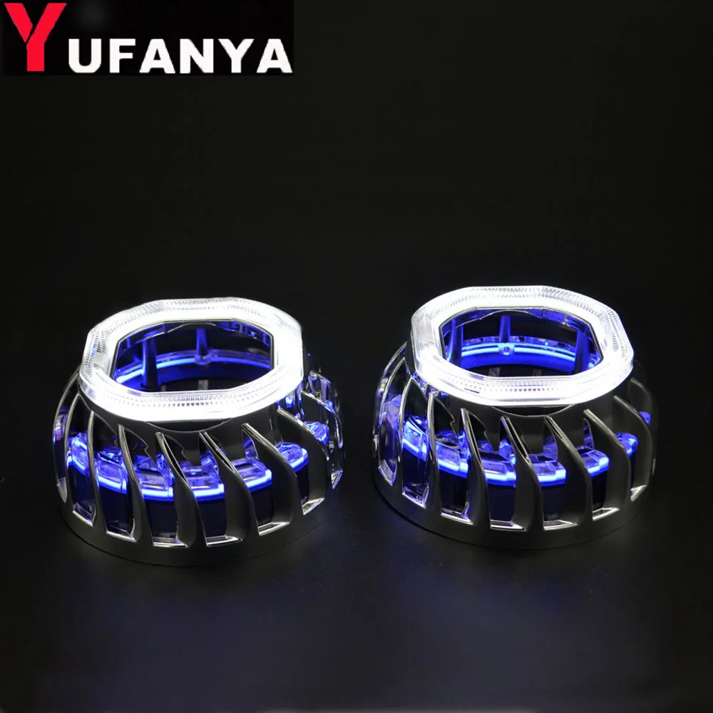 

2pcs bi xenon projector lens led shrouds square wheel fire mask with dual angel eyes DRL function fit 2.5 projector lens