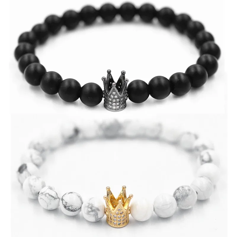 

black and while New Design Couple Bracelets Handmade Distance Black Matte&White Cz Crown King Beads Stone Bracelet Lovers