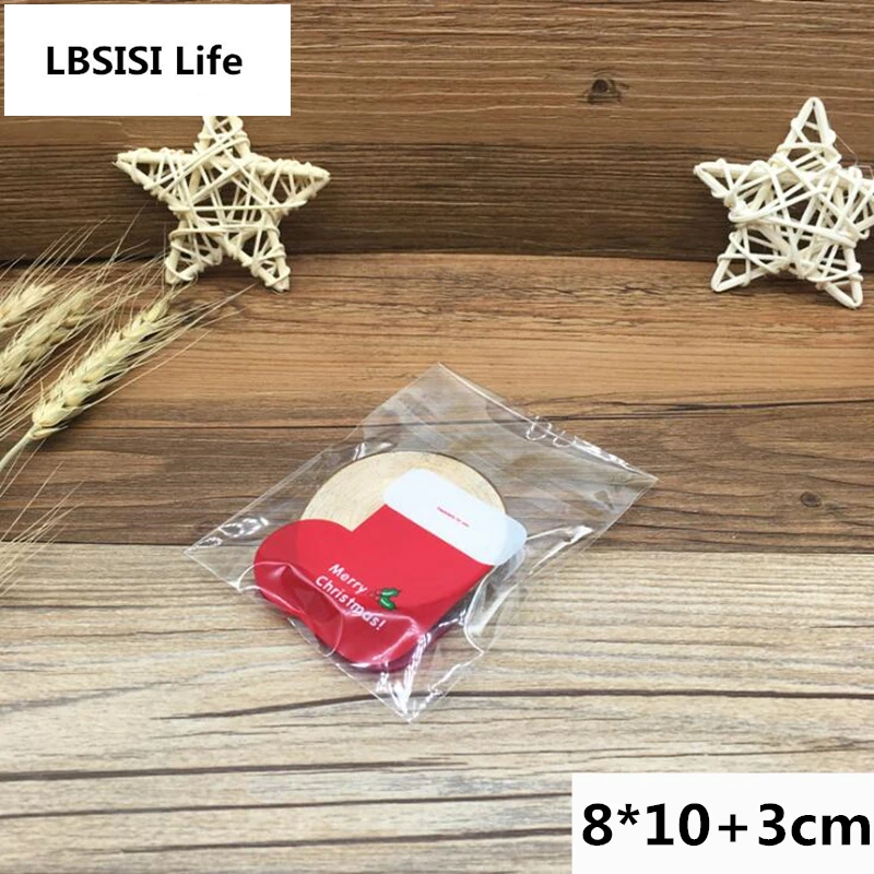

100pcs 8x10+3cm Christmas Red Sock Self Adhesive Cookie Food Packaging Plastic Baking packaging Candy OPP Gift Poly Bag