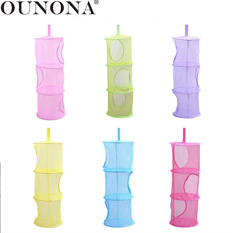 

OUNONA Hanging Mesh Space Saver Bags Organizer 3 Compartments Toy Storage Basket for Kids Room