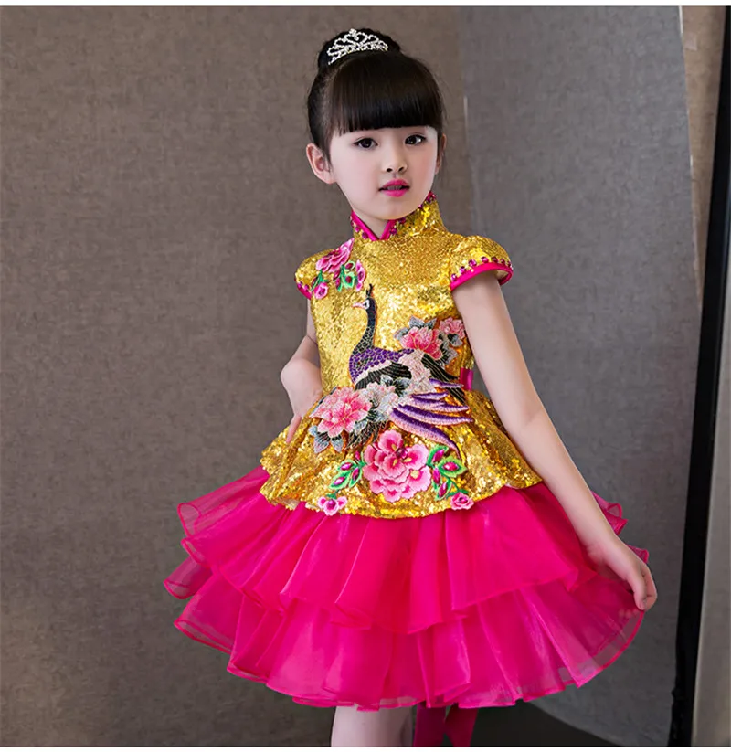 2018New современная мода для маленьких девочек в китайском стиле с вышивкой платье принцессы Свадебное Ципао с новогодней елкой, бумажный детское платье
