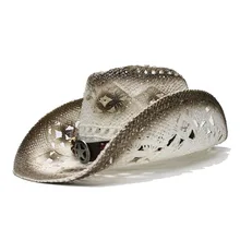 LUCKYLIANJI Ретро Женская Мужская Летняя Соломенная пляжная с широкими полями Ковбой Западный Женская Ковбойская шляпа с вырезами звезда знак кожаный ремешок(58 см