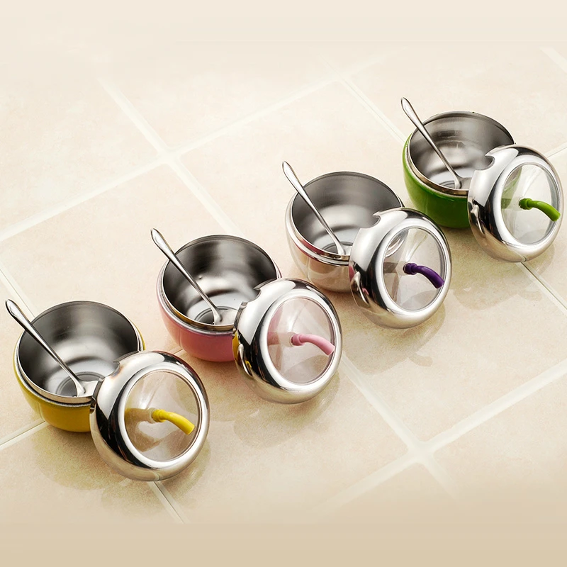 

Stainless Steel Apple Sugar Bowl Seasoning Pepper Condiment Pot Spice Container Canister Cruet With Lid And Spoon Jar For Spices