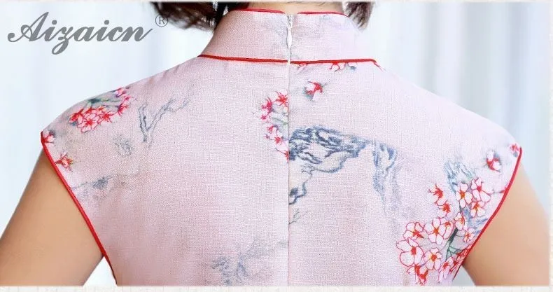 Новинка 2019 года розовый Cheongsam хлопок льняной с принтом туалетный модное платье шелк современный Qipao для женщин Традиционный китайский