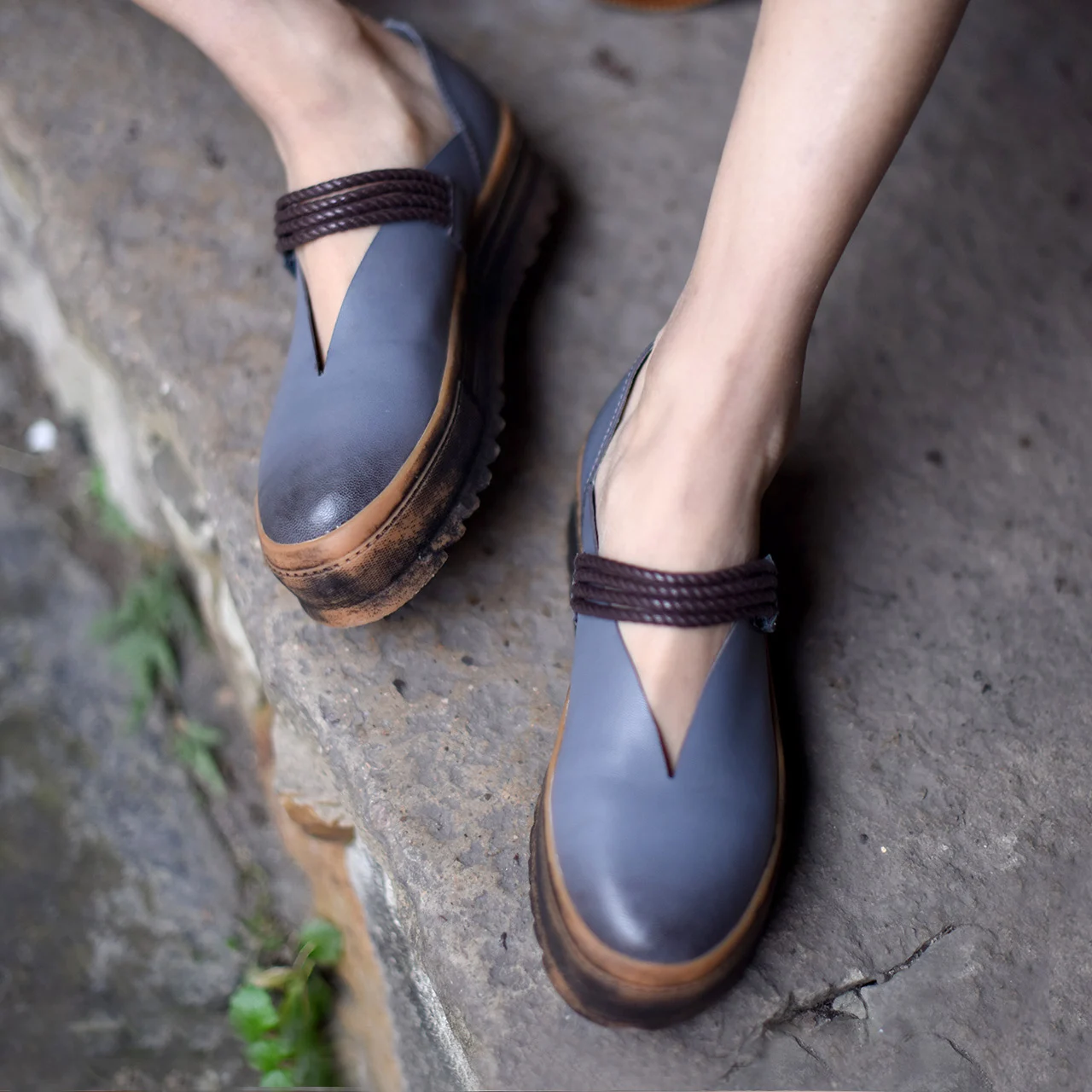 Artmu/оригинальные женские туфли с закрытым носком на толстой подошве; сезон весна; Новинка; туфли на плоской платформе из натуральной кожи ручной работы; 806-6 - Цвет: Gray