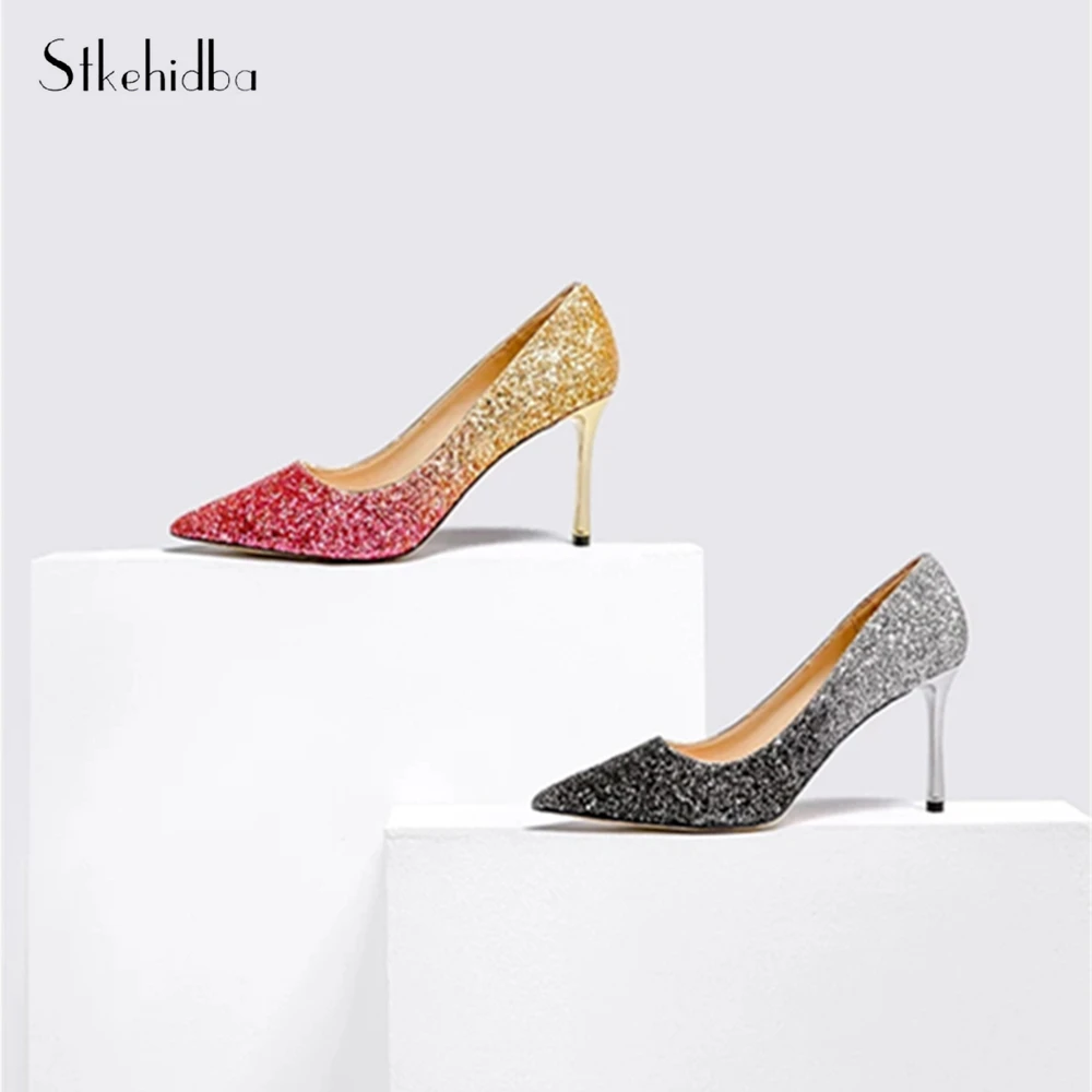 

Stkehidba Sexy Valentine Bling High Heels Pumps Pointed Toe Women Shoes Wedding Party Women's Pumps 33-42Leather Shoes Top Shiny