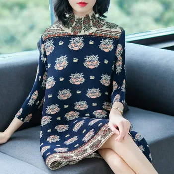 

Fashion Print Short Dress Women 2019 National Style Vintage Casual Turtleneck Pleated Long Dresses Nt-01