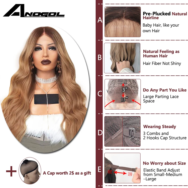 Anogol, 180% плотность, натуральные волосы, темно-коричневый, Омбре, блонд, длинные, объемные, волнистые, полные волосы, парики из синтетического кружева спереди, парик для женщин