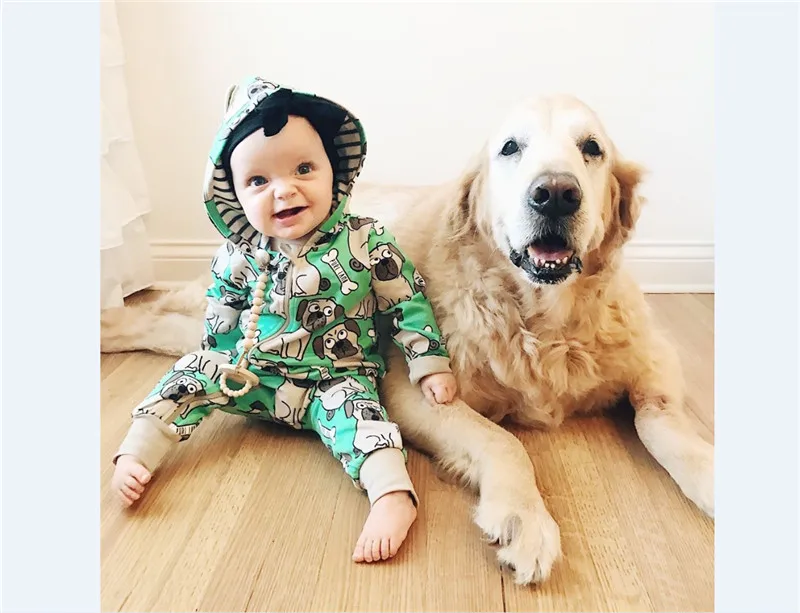 PUDCOCO Infant Baby Boy Girl Dog Print Clothes Hooded Zipper Jumpsuit