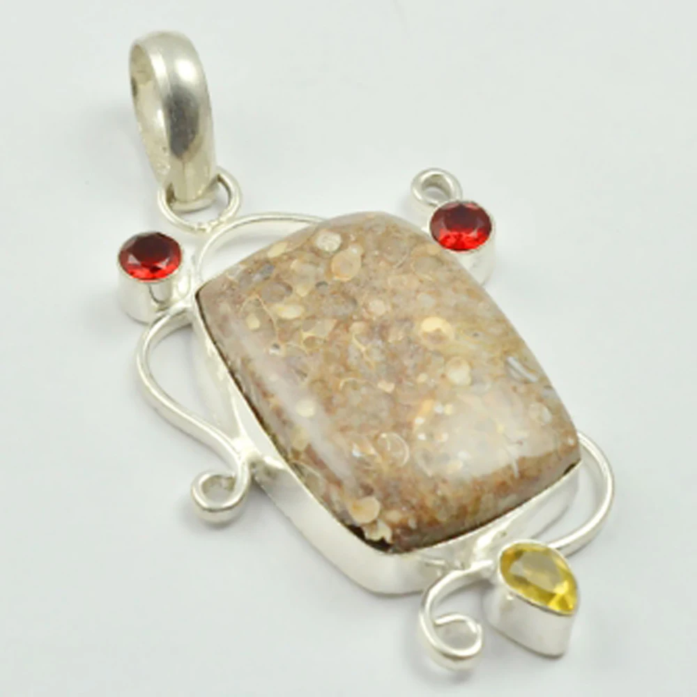 

Turtella Jaspers & Garnets Pendant Silver Overlay over Copper , 65 mm, P2842