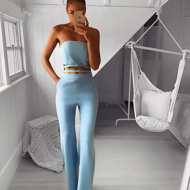 

Top Quality Light Blue Strapless Straight Sexy Rayon Bandage Jumpsuit Evening Party Bodycon Jumpsuit