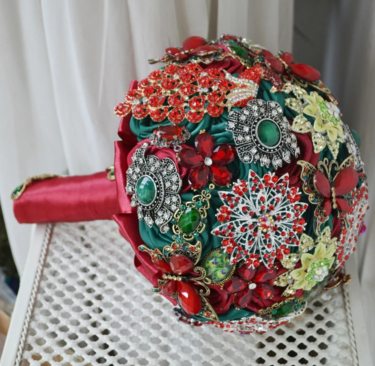 

Vintage Style HandMade DIA 20cm Luxury Wedding Jewelry Bridal Bouquet Red Green Color Crystal Brooches Bride Holding Flower