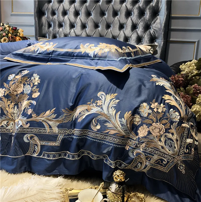 Flash Deal Champagne Blue White Luxury Royal Embroidery 100S Egyptian Cotton Palace Bedding Set Duvet Cover Bed sheet/Linen Pillowcases 33