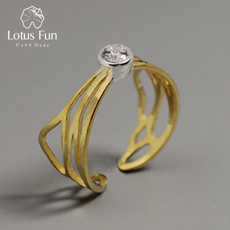 

Lotus Fun Solid 925 Sterling Silver Ring with Stones Zircon Gold Color Hollow Butterfly Wings Adjustable Rings for Women Gifts