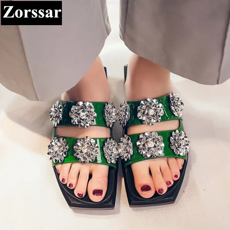 

Summer Woman Shoes Luxury rhinestone flats sandals women Slides slippers 2017 NEW Genuine leather womens casual beach shoes