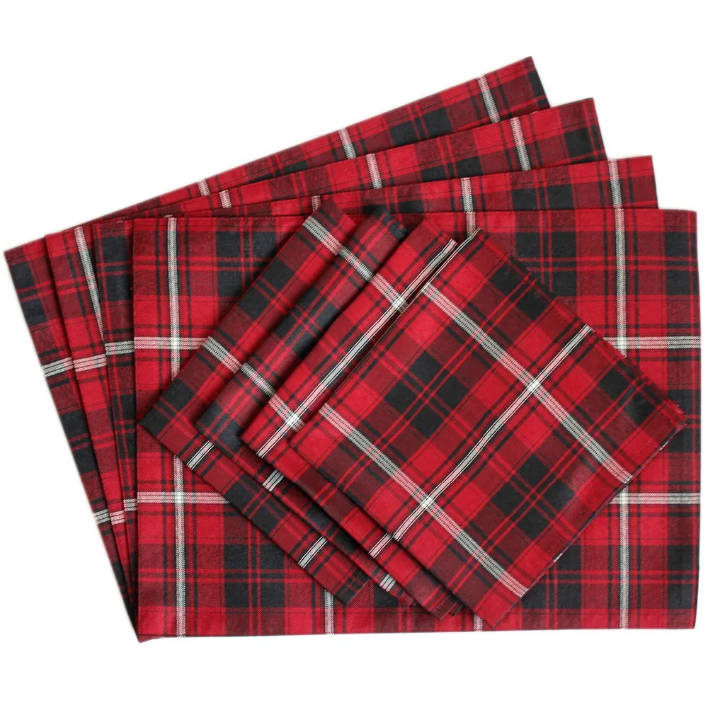 Set of 4pcs Table Placemat with 4pcs Table Napkin Jacquard Design Plaid