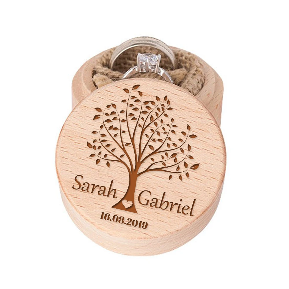 

Love Tree Personalized Wood Ring Box Wedding Engagement Proposal Ring Holder Bearer Box Engraved Wooden Round Floral Boxes