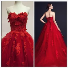 Vestido 3D-Applique Red Abendkleider Eine Linie Spitze Tulle Lace Up Zurück Lange Formale Abendkleider robe de soiree