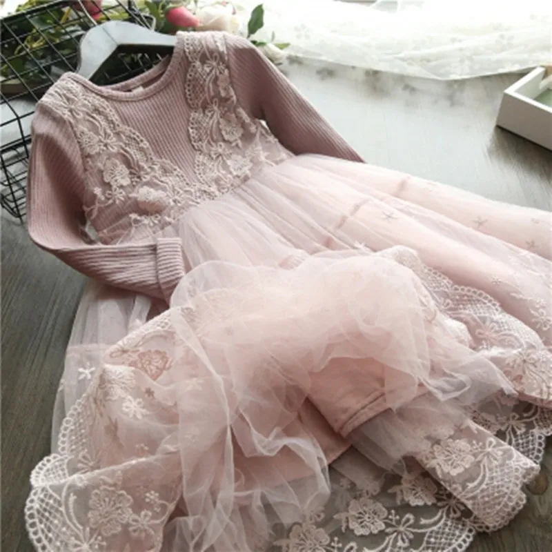 Vestido De Tutú De Punto Con Mangas Largas Para Bebés Vestido De Tul Con Princesa Infantil Y
