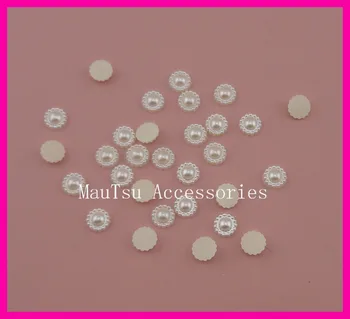 

300PCS 8mm white faux Pearl Flower edges Beads Round Buttons with flat backas patches flower centers,decorated Cell phone,shoes