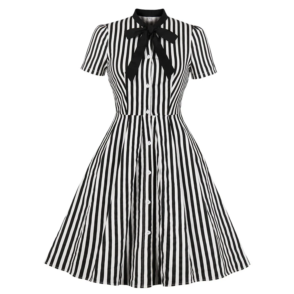 Wellwits Womens Stripes Button up Shirt Lapel Vintage Career Dress