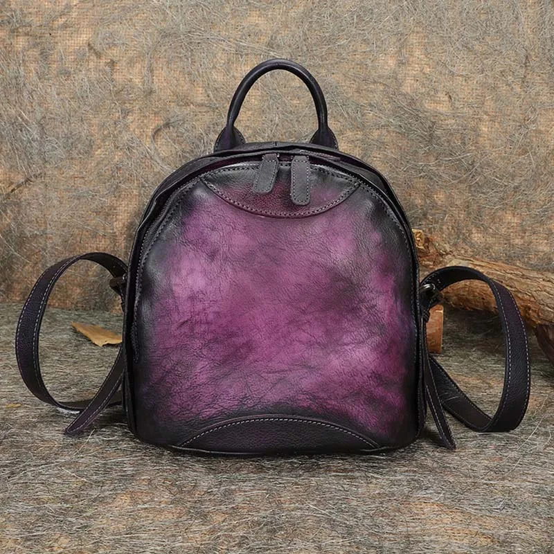 Маленький рюкзак ручной работы из коровьей кожи для путешествий, винтажный кожаный Повседневный женский рюкзак, модная школьная сумка с цветочным принтом - Цвет: Purple
