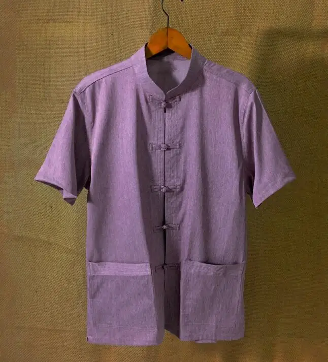 Классические мужские однобортные рубашки размера плюс синего цвета с коротким рукавом и воротником-стойкой для боевых искусств Кунг-футай Чи - Цвет: purple
