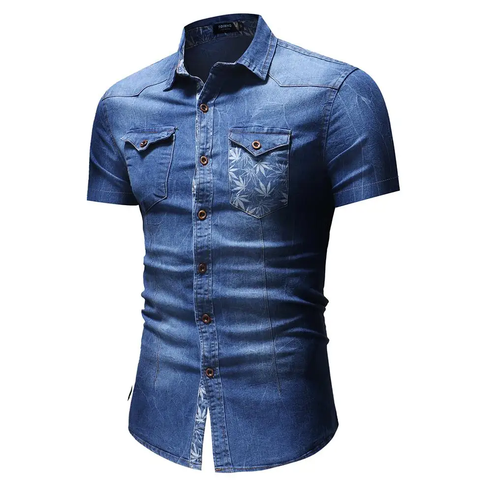 

Short-sleeved Denim Shirt Men Leaf print Jeans Shirt Male Casual Blouse Mens Clothing Slim fit Blue Black
