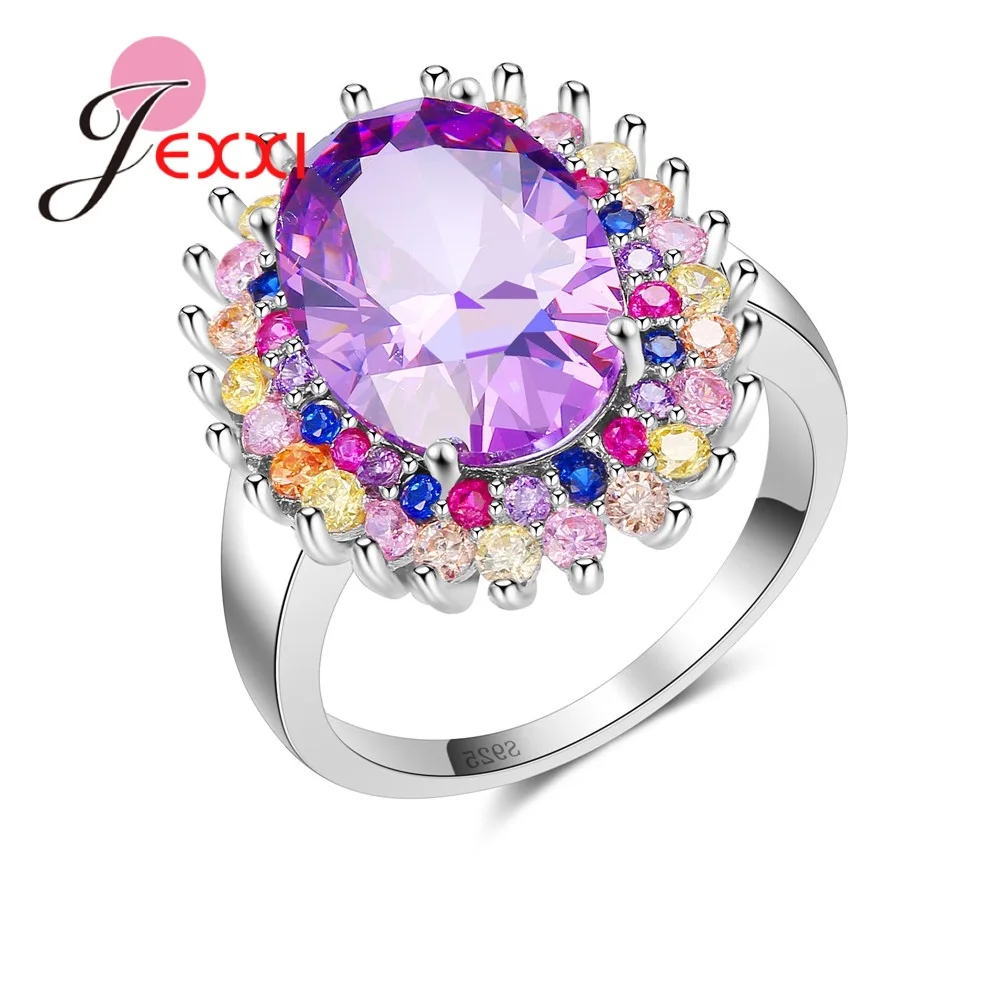 

JEXXI Popular Silver Rings For Girl Multicolor Crystal 925 Sterling Silver Rings For Women Wedding Party Accessory Purple Oval
