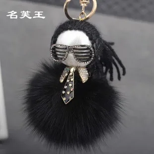 Monster real fur pom pom keychain Black leather wallet Pom Pom real fur monster doll keychain charm golf cart bag pendant strap