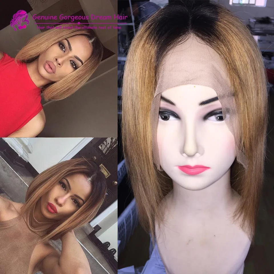 

Straight Brazilian Human Hair Wig #1b/27 Ombre Silky Straight Middle Part Full Lace Wig 130% Density Two Tone Lace Front Wig