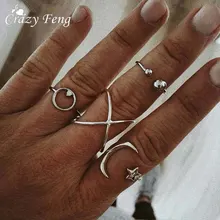 

4pcs/set Women Moon Star Rhinestone Open Ring Finger Rings Set Boho Turkish Vintage Knuckle Nail Midi Ring Set Party Jewelry