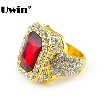 

Men's Gold Color Hip Hop Iced Red Stone Cz Ring Size Available Luxury Woman Ring Mens Fashion Finger Bling Hip Hop Ring