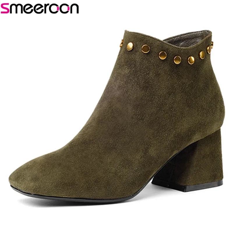 

Smeeroon new fashion kid suede leather boots autumn boots for women high heels square toe high quality ankle boots prom shoes