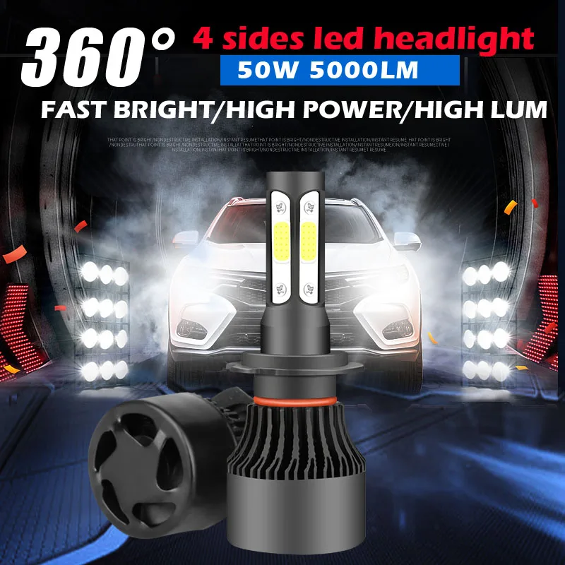 

1 pair 4 Sides LED COB 9012 9004 9007 H13 50W 5000lm H4 Hi lo H7 H11 9005 9006 car led headlight