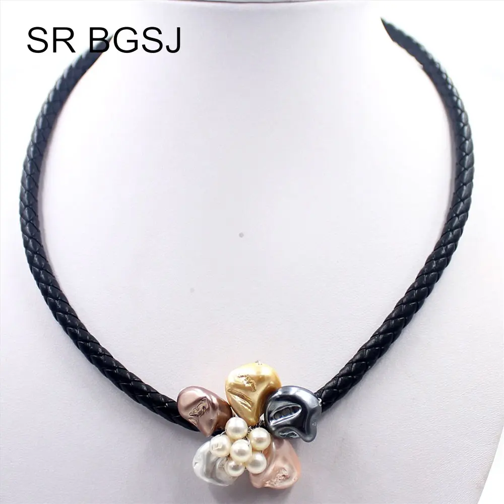 

Free Shipping Handmade Flower Freshwater Pearl MOP Shell Beads Charm Leather Jewelry Necklace 18"