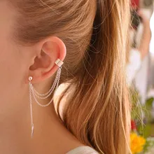 Punk Rock Style Woman Young Gifts Leaf Chain Tassel Earrings Metallic Gold And Silver Jewelry Earrings Ear Clip Wholesale L0613