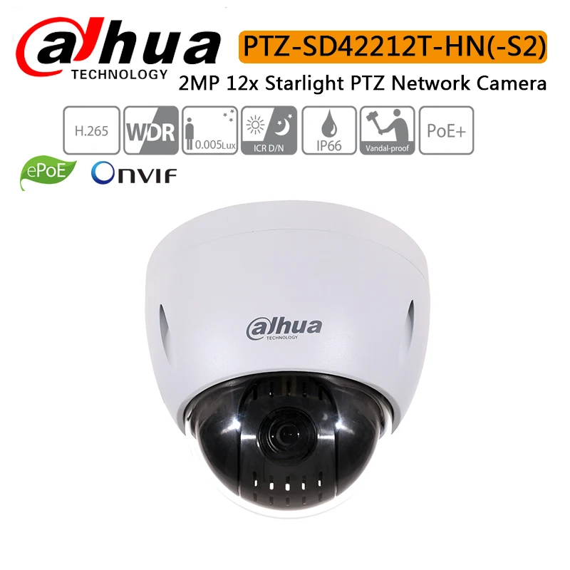 

SD42212T-HN 2MP 12x Starlight PTZ Network IP Camera 12x optical zoom Auto-tracking and IVS PoE+ IK10 H.265 IP66 PTZ-SD42212T-HN